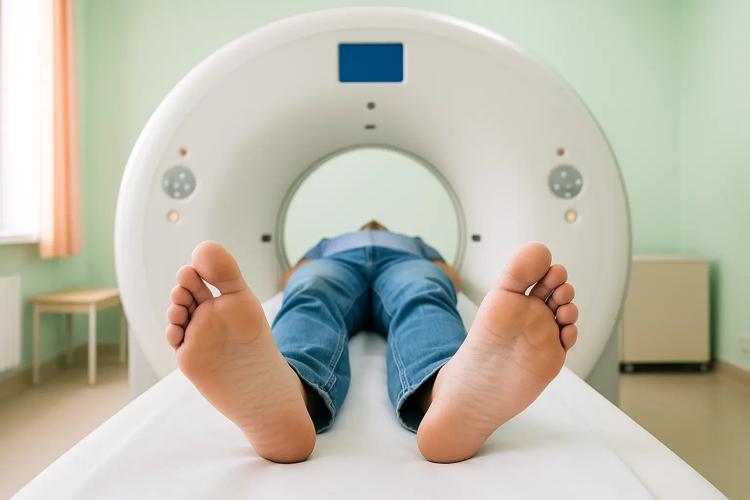En MR-scanner står i et hospitalrum. Maskinen har en tunnelåbning, og et patientundersøgelsesbord står klar til scanning. Billedet viser en MRI-scanner og et klinisk miljø omkring medicinsk billeddannelse.