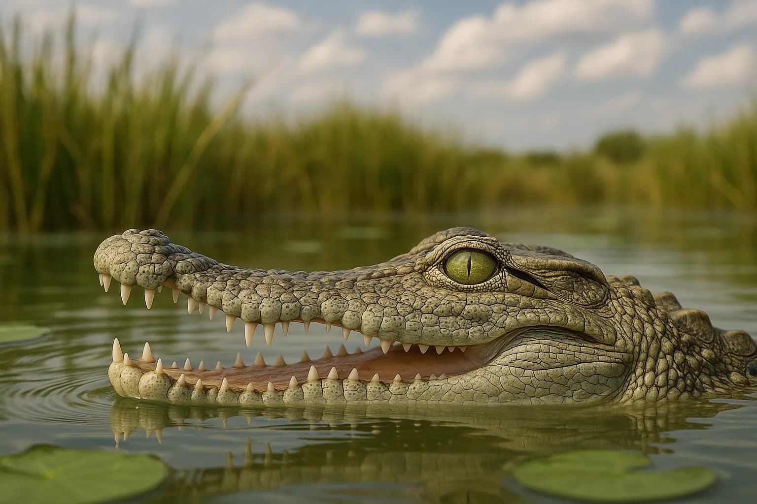 Alligator ved vandkanten i naturligt habitat; grønlig-brun hud med tydelige skæl, lang snude og kraftig krop, omgivet af vand og vegetation. Søgeord: Alligator, krokodille.