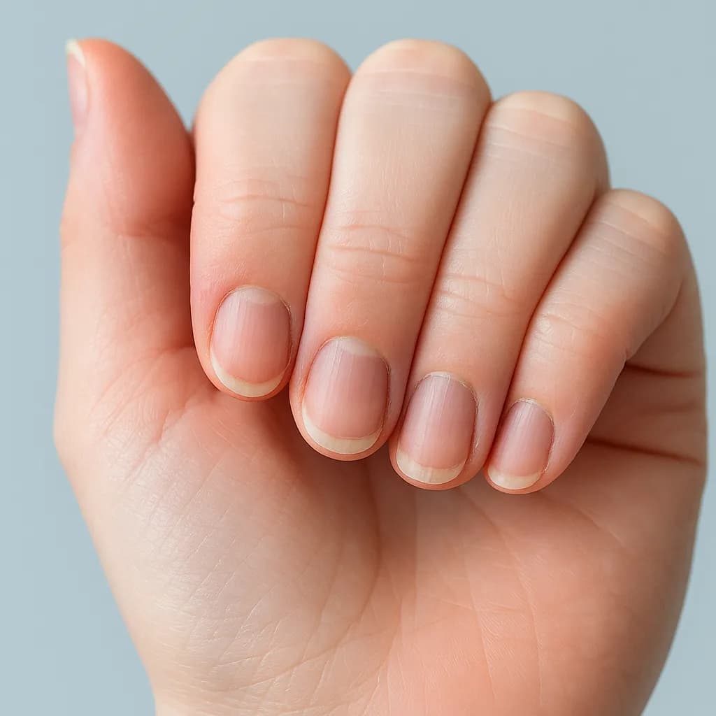 En tæt på-billede af en hånd med synlige negle og fingre; fokus på håndens konturer og neglenes pleje. Virkningen egner sig til artikler om hånd, negl og finger.