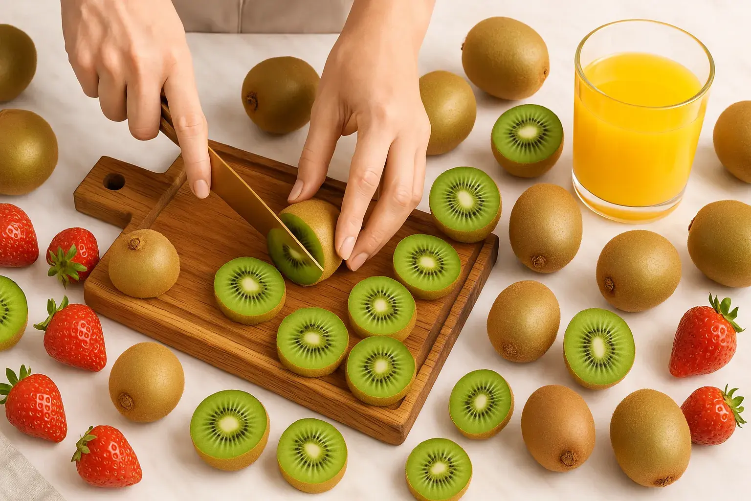 Kiwi-frugt på en lys baggrund. En hel kiwi med brun, ru hud giver et klart billede af frugten, hvilket passer som beskrivelse til en artikel om kiwi.
