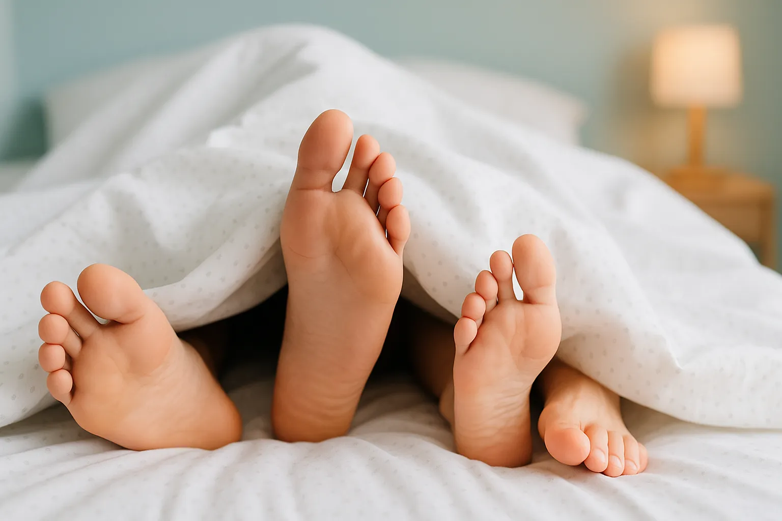 Et roligt soveværelse med dæmpet belysning, hvor en person sover trygt i en seng dækket af en dyne. Fokus på søvn og hvile (Sleep) samt sunde sovevaner. Stemningen er afslappet og fredelig, hvilket passer til artikler om søvnkvalitet. Søgeord: søvn, sove, Sleep.