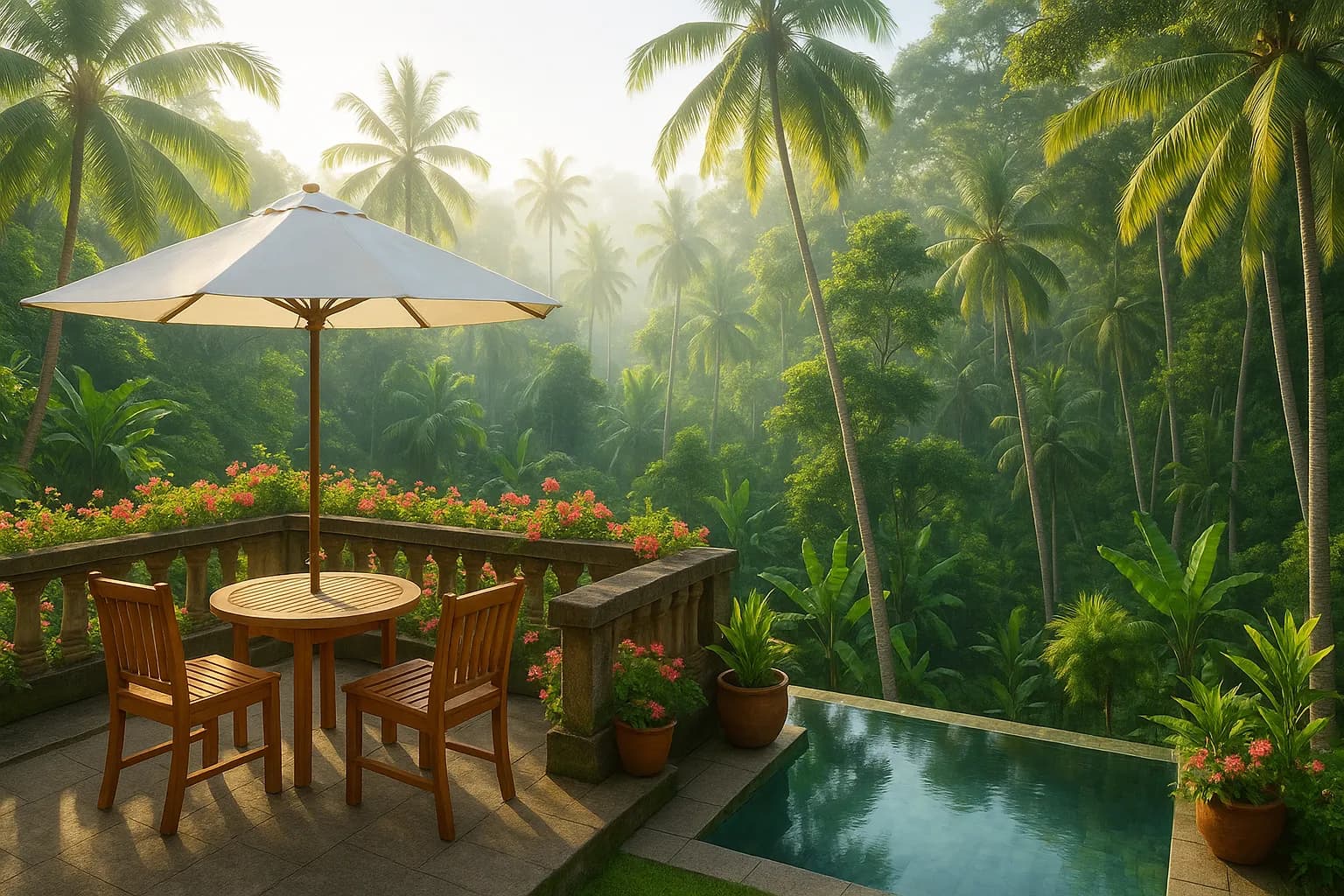 Billedbeskrivelse på dansk: Et typisk udsnit af Ubud i Bali, Indonesien. Omkringliggende grønne risterrasser og tropisk vegetation omgiver byens kulturelle områder, hvilket giver et billede af Ubud som en naturskøn og kulturel destination i Indonesien.