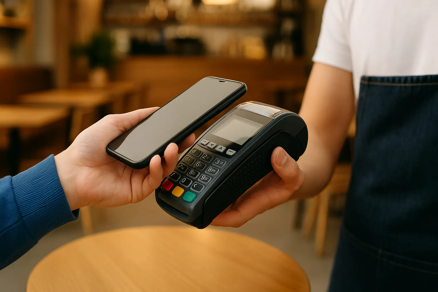 Et billede der illustrerer betaling, med fokus på Dankort og Apple Pay. En betalingsterminal eller en mobiltelefon viser betalingsikoner for Dankort og Apple Pay samt ordet betaling.