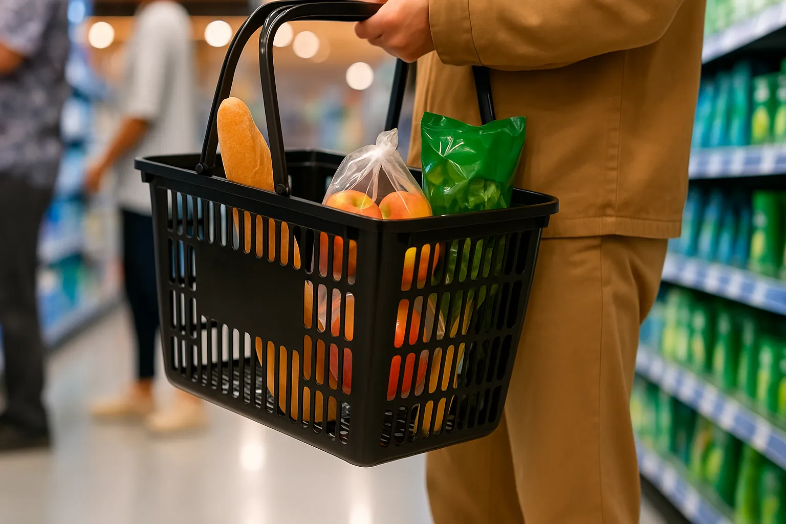 En Indkøbskurv fyldt med dagligvarer står i et supermarked ved kassen. Fokus på handel og indkøb (grocery) i en butiksindstilling.
