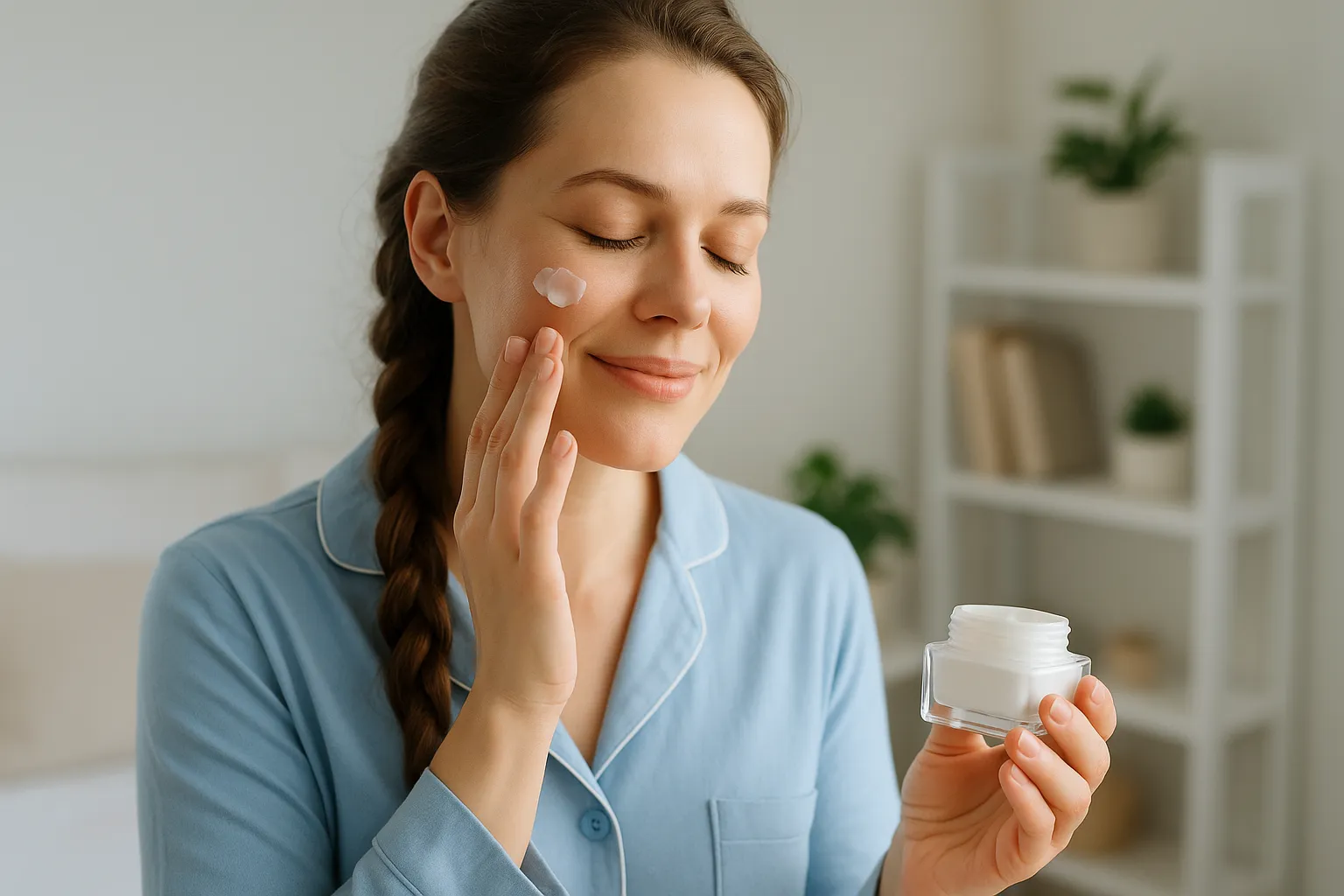 Nærbillede af en ansigtscreme til hudpleje. Creme i en beholder tydeligt fremhævet med fokus på tekstur og glat hud. Baggrunden er lys og minimalistisk, hvilket passer til temaet hudpleje (Skincare/creme).