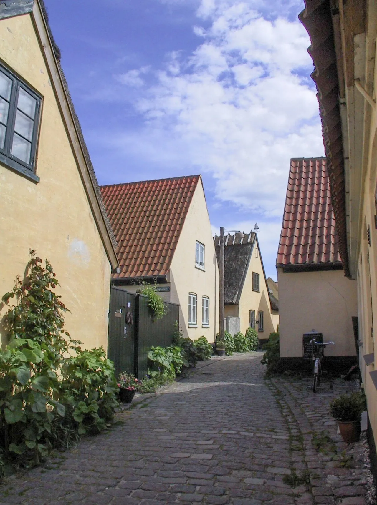 Et kig ned ad en hyggelig gyde i Dragør med traditionelle bygninger langs siderne. Billedet fanger den rolige, lokale stemning i den danske kystby.