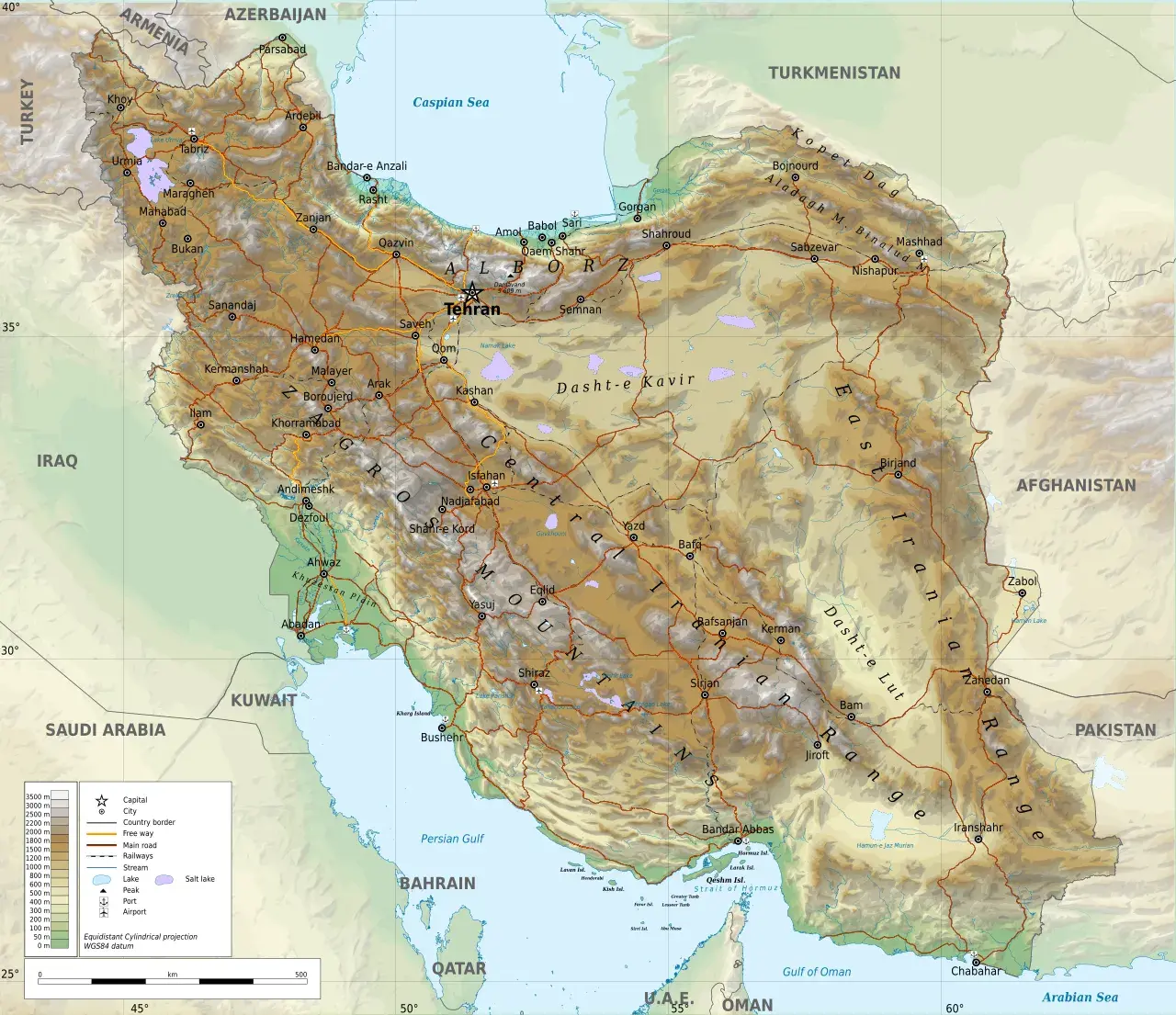 Geografisk kort over Iran med angivelse af landets grænser og geografiske områder. Kortet giver et overblik over landets placering og udstrækning.