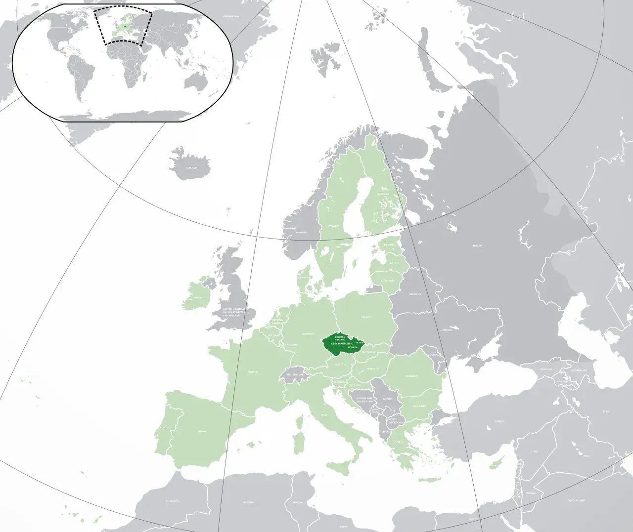 Kort over Den Europæiske Union med markering af Tjekkiet (Bøhmen, Mähren og Schlesien). Billedet viser EU-landene og regionerne i Tjekkiet.