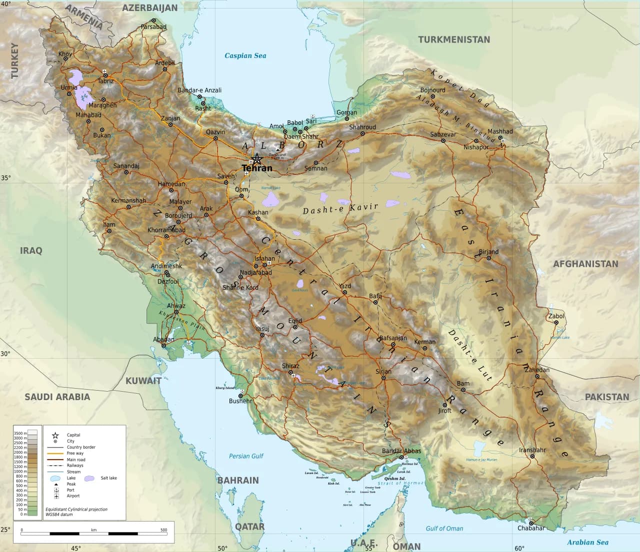 Et detaljeret geografisk kort over Iran, visende landets grænser og regioner.