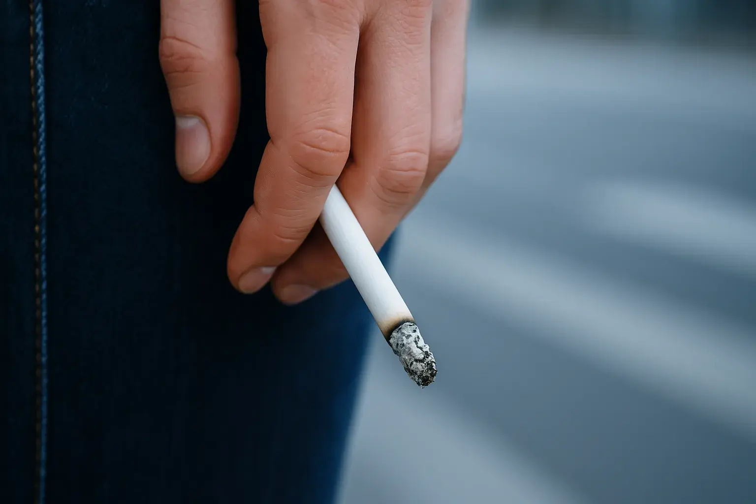 En person ryger en cigaret; let røg svæver omkring ansigtet og hånden, hvilket understreger temaet rygning. Søgeordet Rygning er relevant for artiklen.