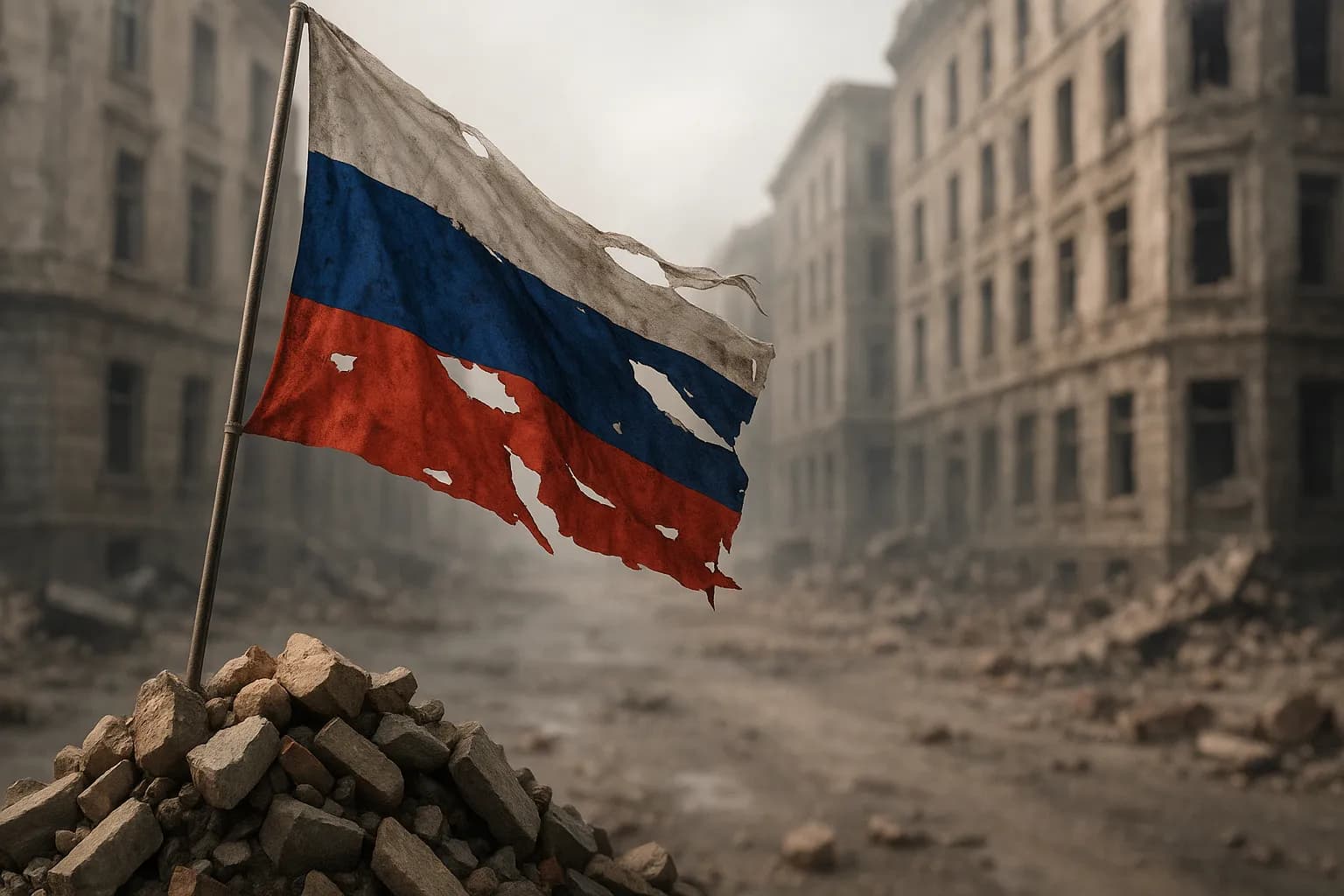 Russisk flag stående midt i en krigzone