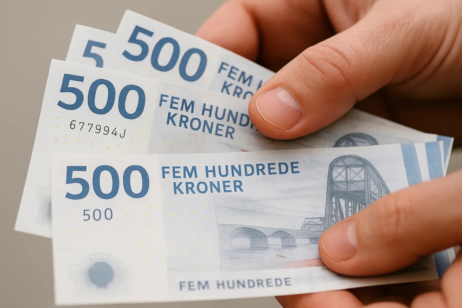 Et billede af Danske penge: sedler og mønter i forskellige værdier ligger på et lyst bord. Velegnet til en artikel om den danske økonomi eller pengepolitik.