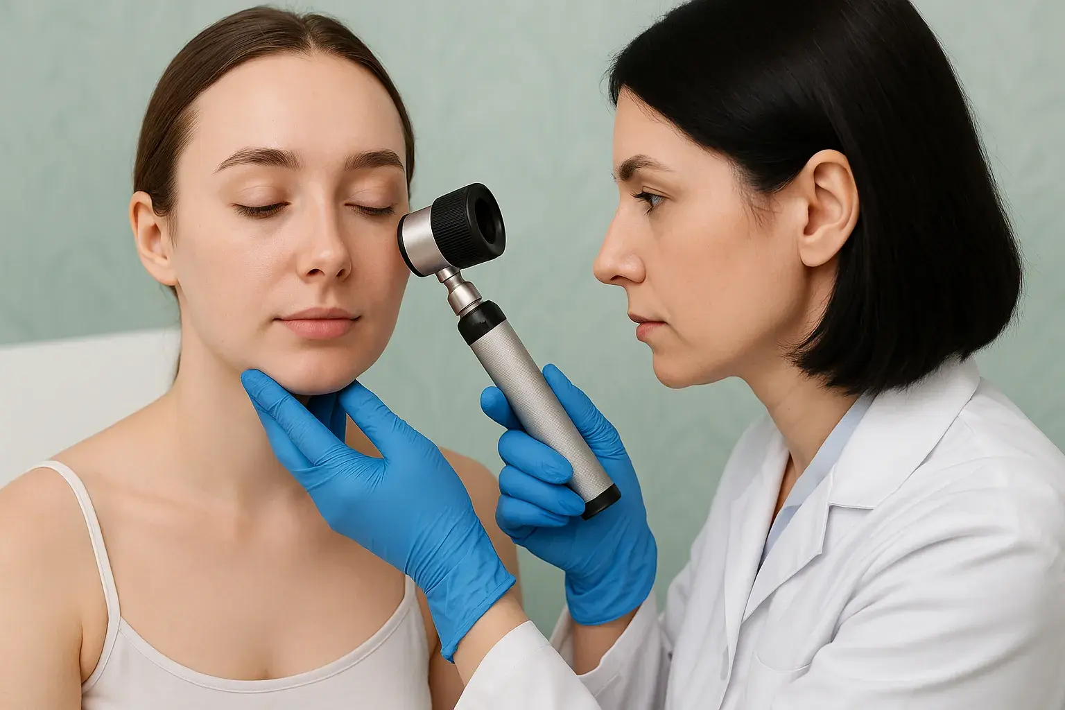 Dansk beskrivelse: En dermatolog (hudlæge) i klinikmiljø, som illustrerer hudfaglig behandling og dermatologiske ydelser. Billedet kobler begreberne dermatolog, hudlæge og hundlæge i en sundhedsfaglig kontekst.