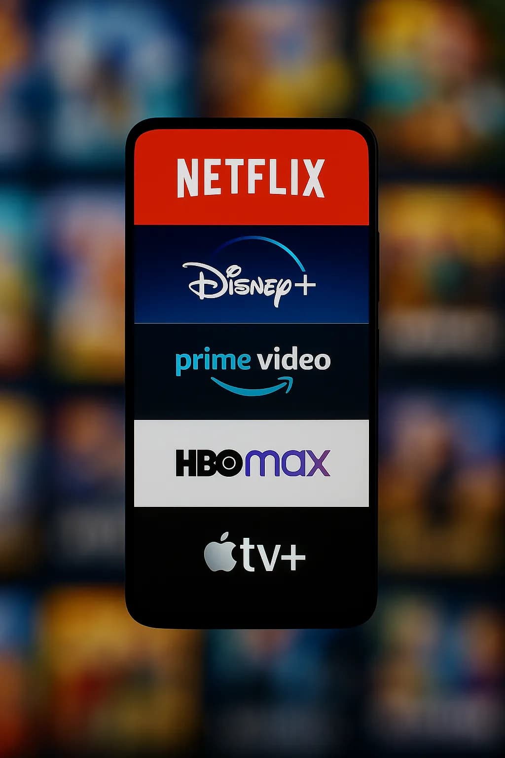Et billede der illustrerer streamingtjenester med logoer for Netflix, Disney+, Prime Video, HBO og Apple TV+.