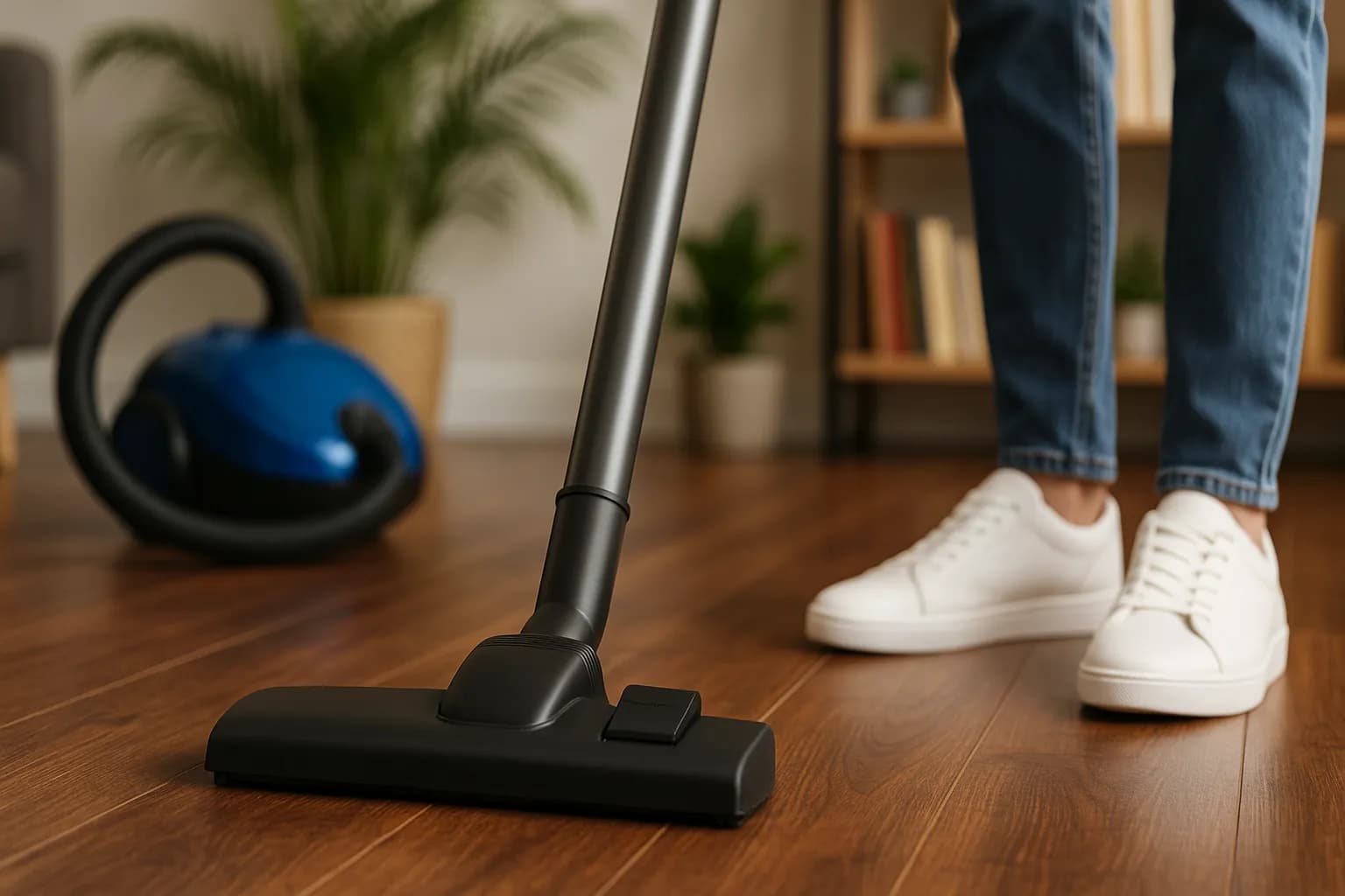 Et billede af en støvsuger og en duster klar til rengøring i et lyst rum. Fokus ligger på støvsugerens funktion som en vacuum cleaner og på redskabet duster, der bruges til at fjerne støv.