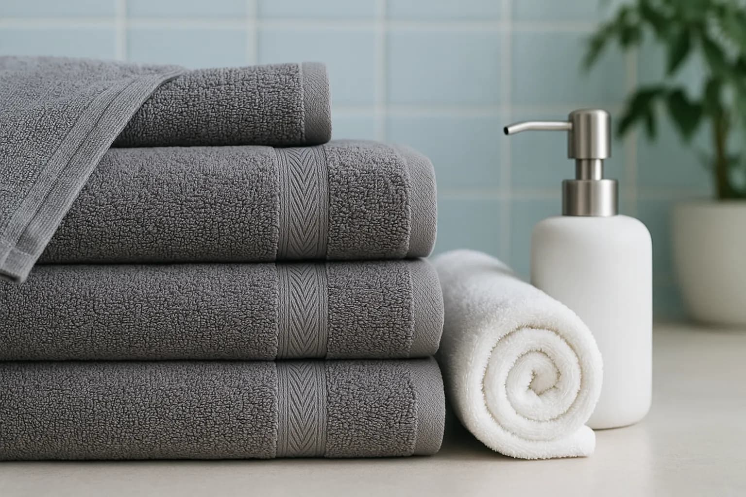 Et nærbillede af et håndklæde (towel) foldet eller bredt ud på en ren overflade. Teksturen i vævet og farverne er neutrale, hvilket gør billedet relevant for en artikel om håndklæder. Søgeordet 'Håndklæde' er passende.