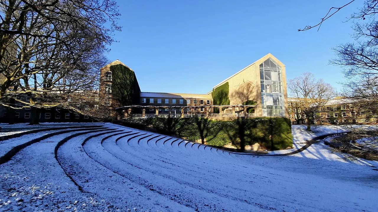 Udsigt mod AULA-bygningen ved Aarhus Universitet, indrammet af trægrene i vinterlandskab. Den gule, slyngplantebeklædte bygning står med solur og solhvervsklokke, mens parken er let snedækket.