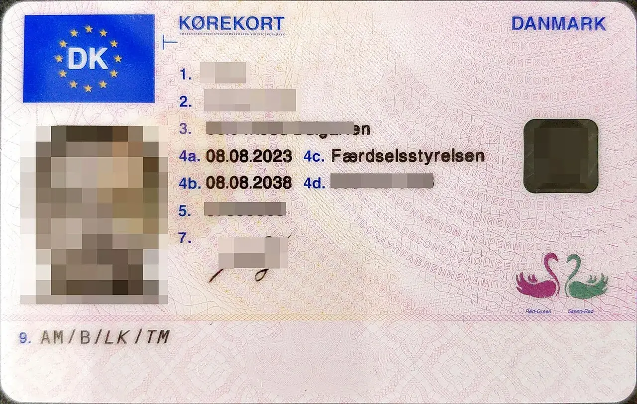Forsiden af et dansk kørekort. Billedet viser kortets officielle udformning og typiske elementer.