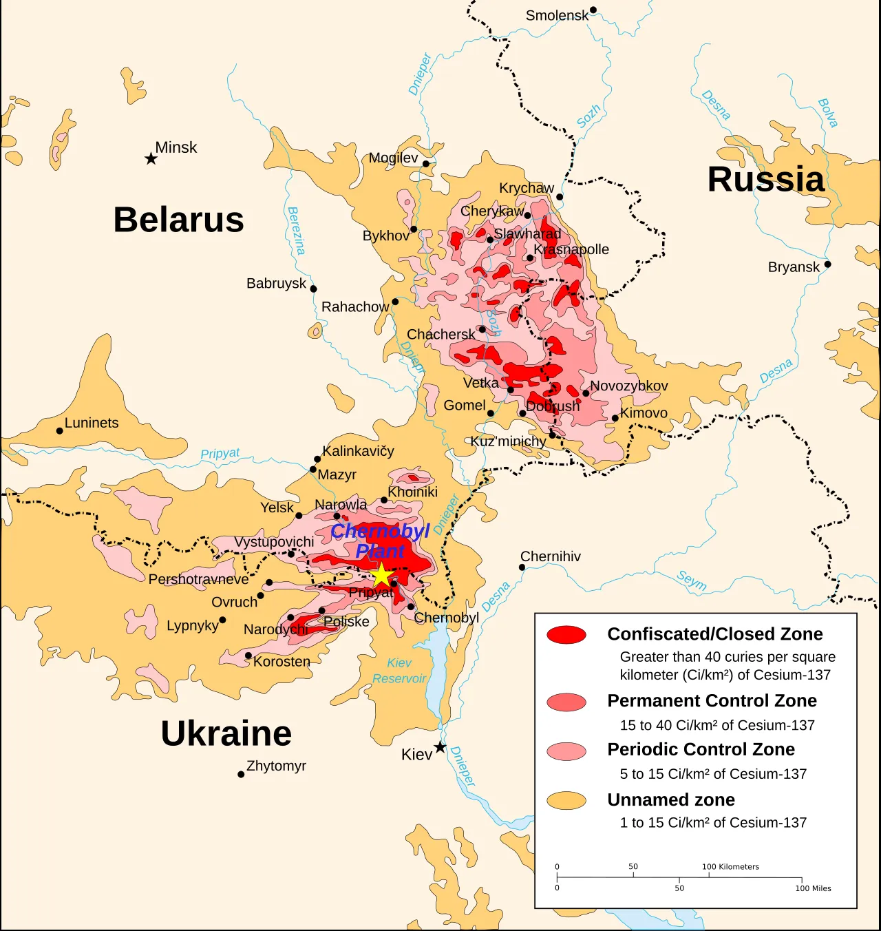 Et kort, der viser udbredelsen af strålingsniveauer i Chernobyl-området. Kortet stammer fra et CIA-håndbogsmateriale og er gengivet som en vektoriseret illustration.
