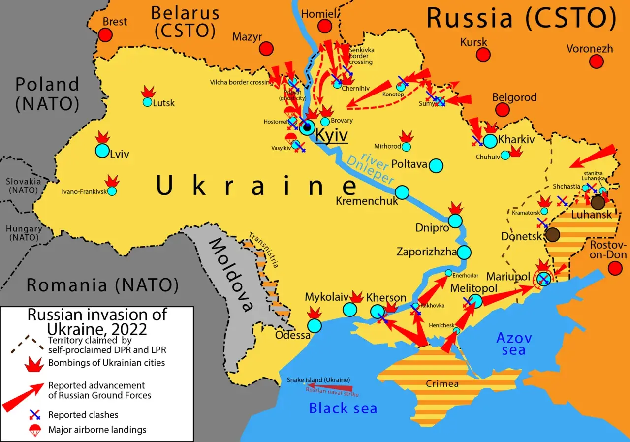 En visuel fremstilling af den fuldskala russiske invasion af Ukraine, som blev indledt den 24. februar 2022. Billedet relaterer til den igangværende russisk-ukrainske krig.