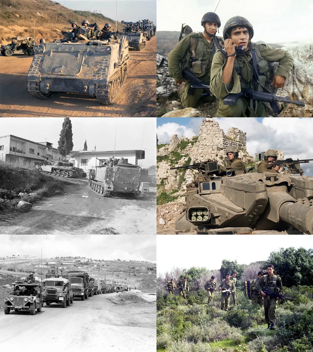 Israelske M113 pansrede køretøjer manøvrerer gennem bjergrigt terræn under South Lebanon-konflikten i 1978.