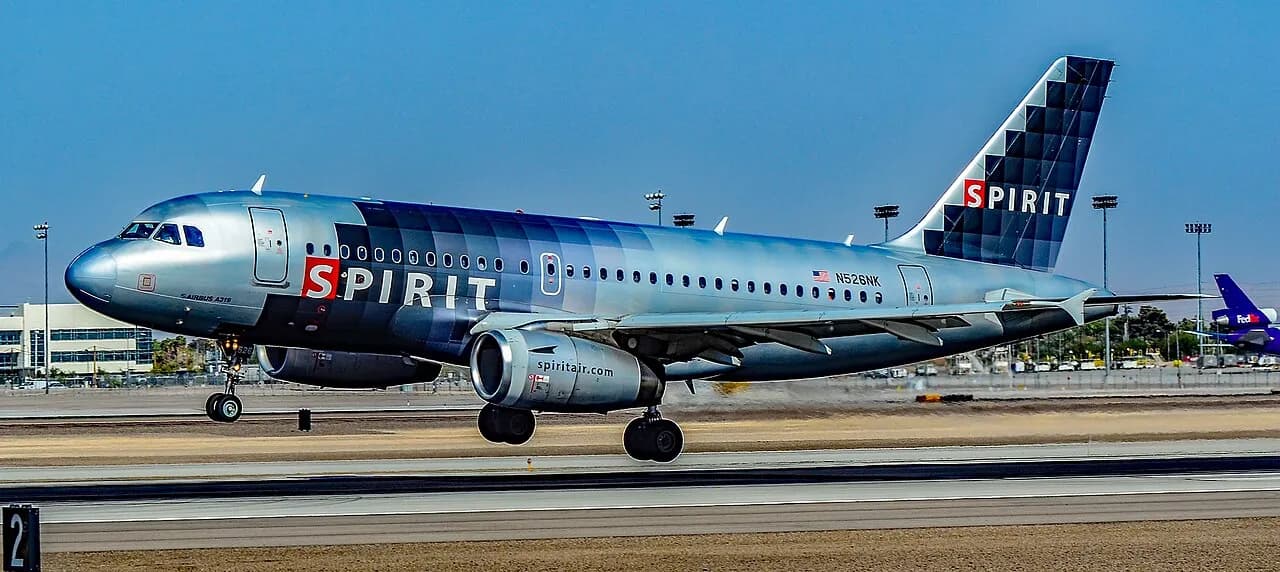Et Spirit Airlines-fly af typen Airbus A319-132 ses på jorden ved Las Vegas’ McCarran International Airport. Billedet er taget i Nevada i oktober 2013.