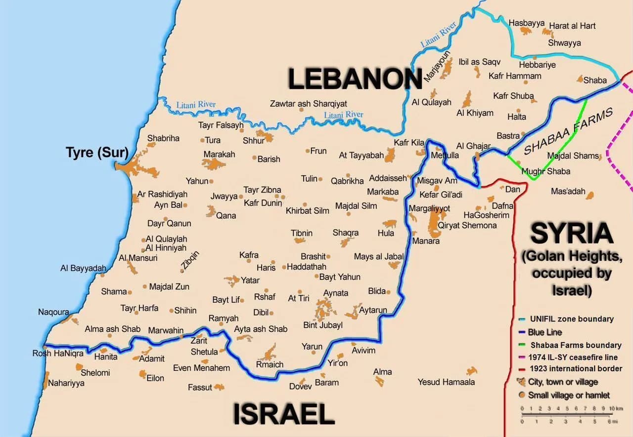 Kortet viser Blue Line-demarkeringslinjen mellem Libanon og Israel, etableret af FN efter Israels tilbagetrækning fra det sydlige Libanon. Linjen følger bl.a. 1949-aftalens våbenhvilelinje (Green Line) og dele af den omstridte libanesisk-syriske grænse.