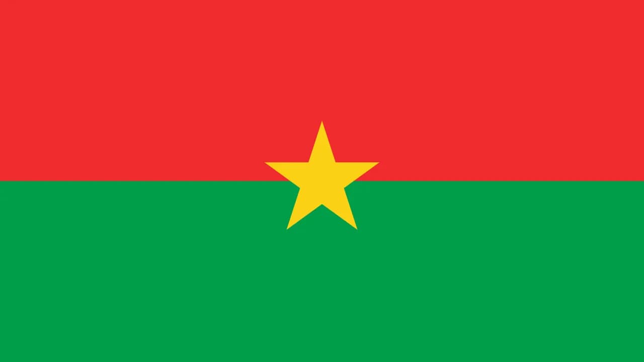 Flaget for Burkina Faso i en 16:9-aspektforhold. Det består af to horisontale bånd i orange og grønt med en gul stjerne i midten.