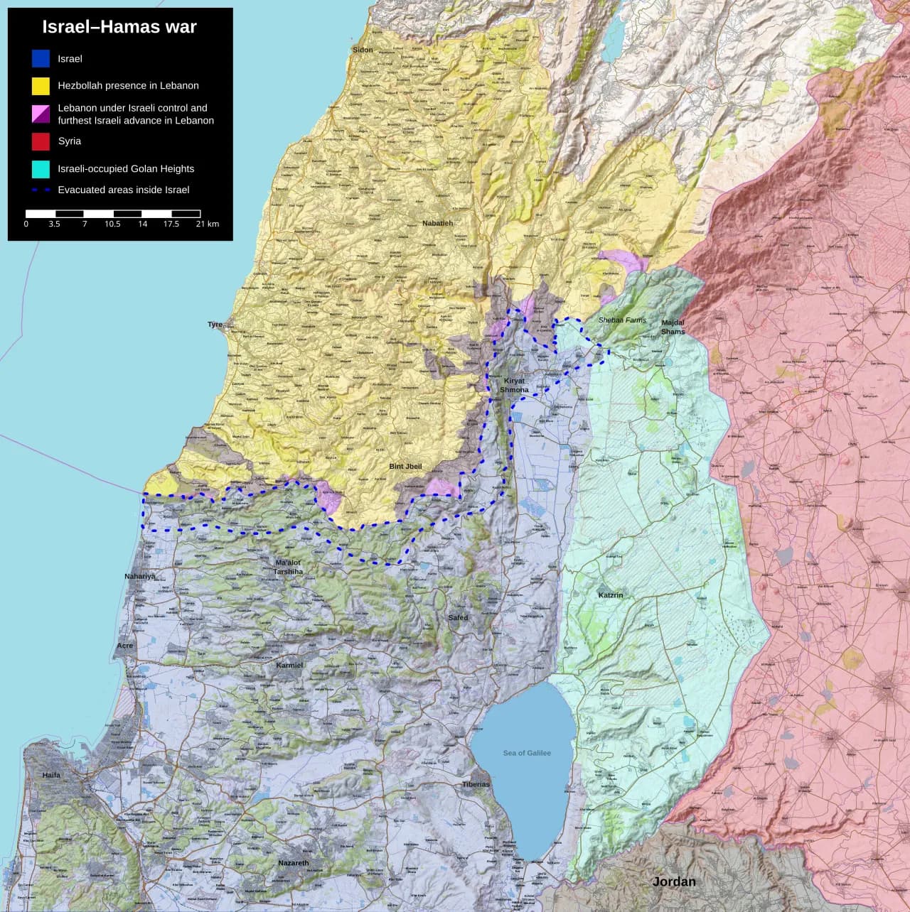 Et oversigtskort over det nordlige teater omkring Israel, Libanon og Syrien i 2023. Kortet viser relevante områder i konflikten.