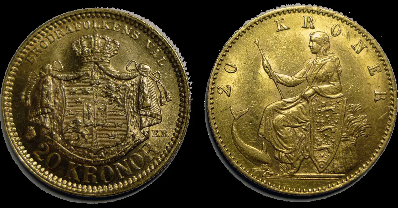 To 20 kr. guldmønter fra den skandinaviske møntunion. Den venstre mønt er svensk, og den højre er dansk.