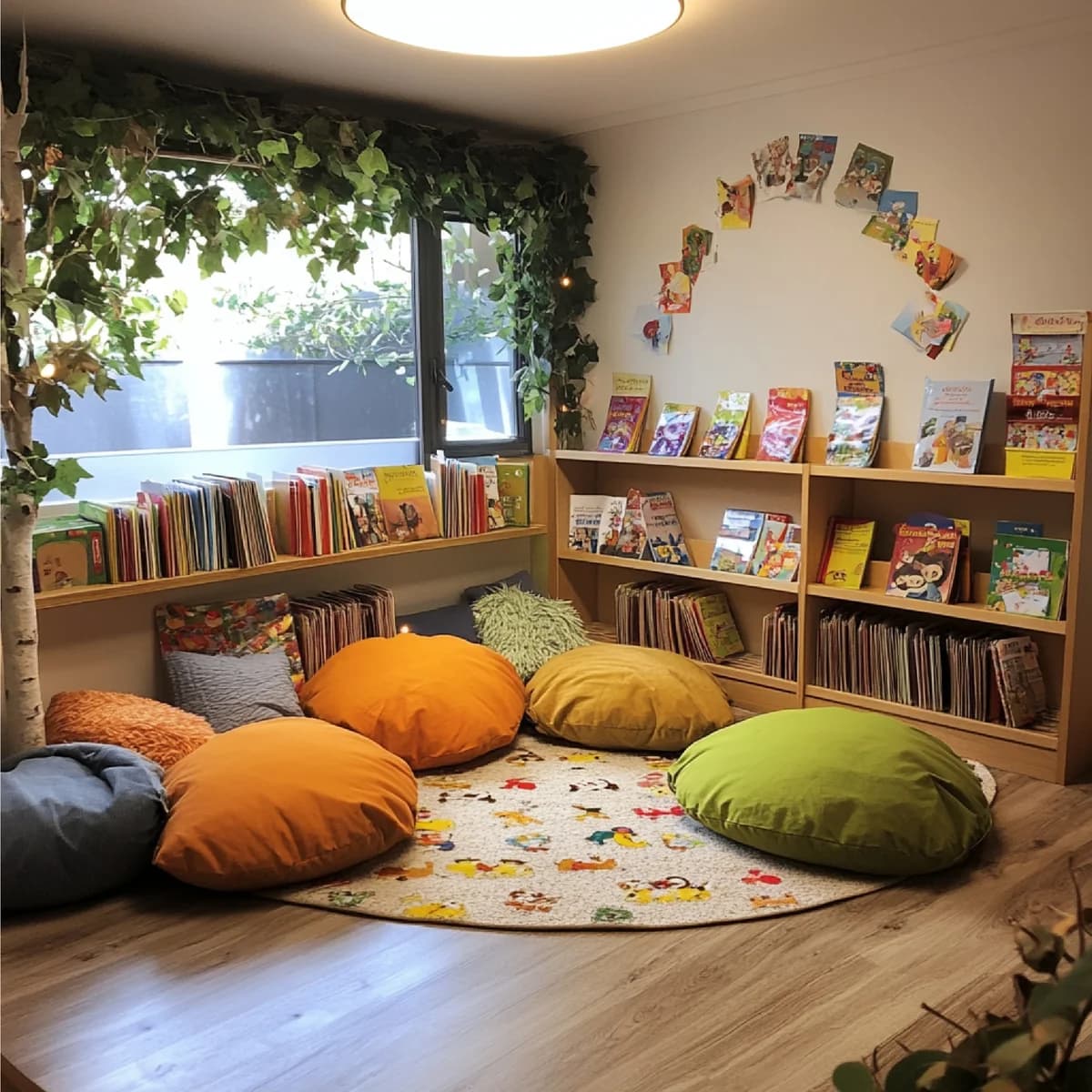 A kindergarten reading corner with bookshelves, cushions, and a rug.