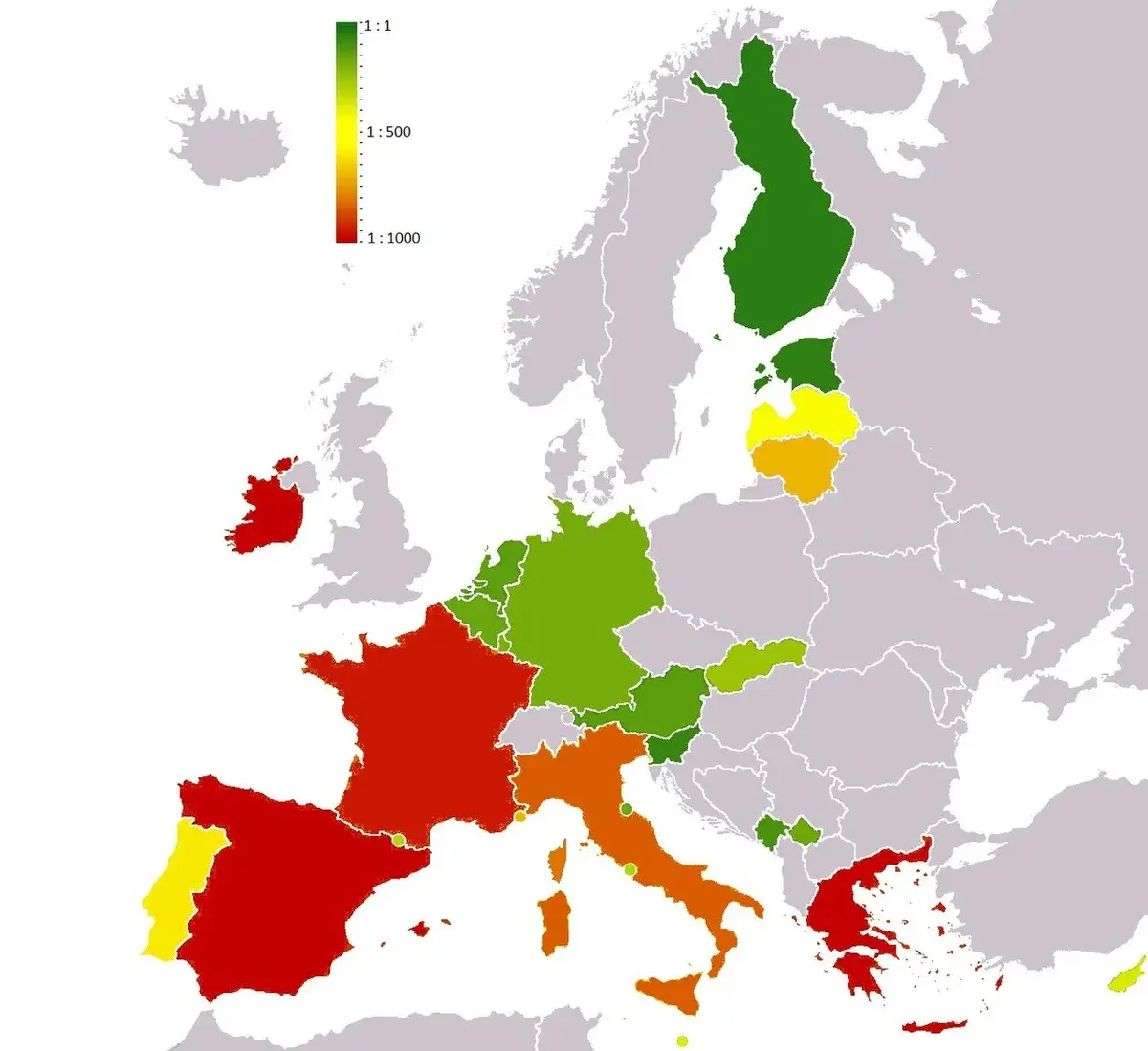 Color-coded map of eurozone countries showing EuroBillTracker hit ratios.