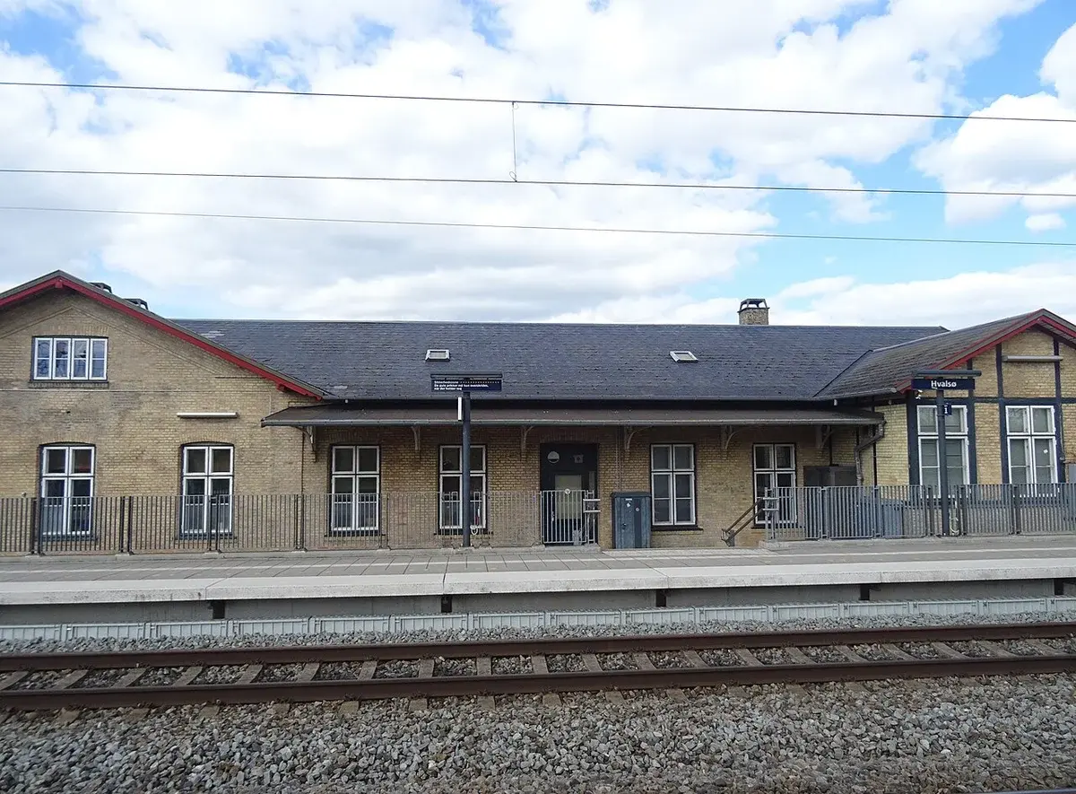 Hvalsø Station building viewed across the railway tracks.