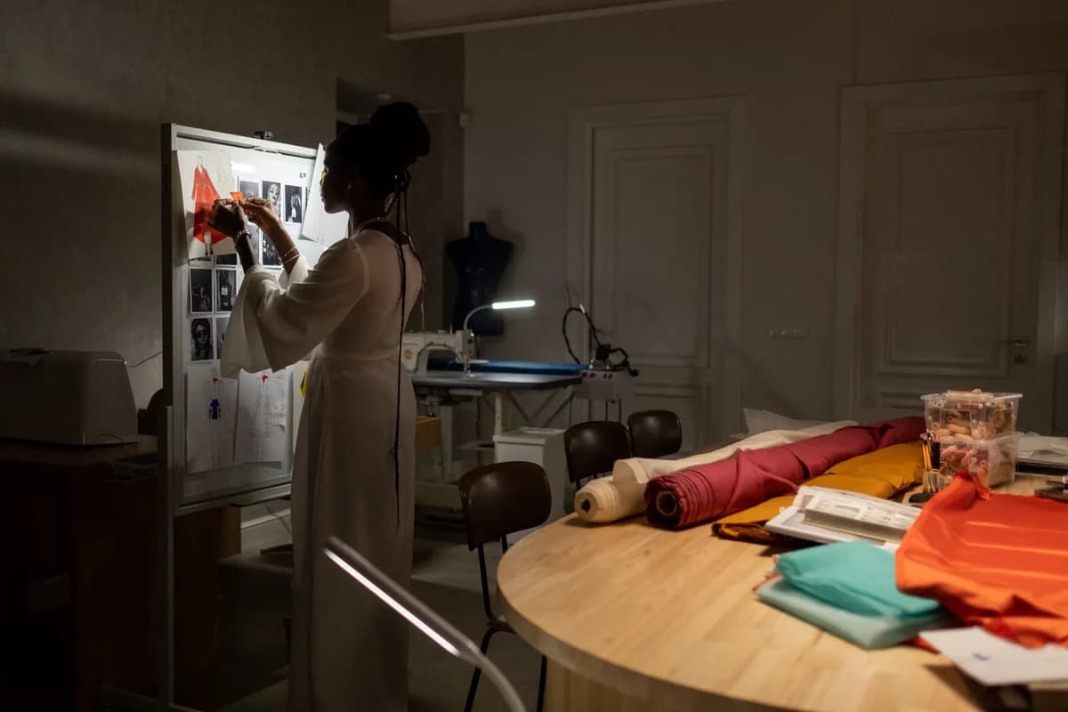 Black female fashion designer working on a mood board in a dim studio