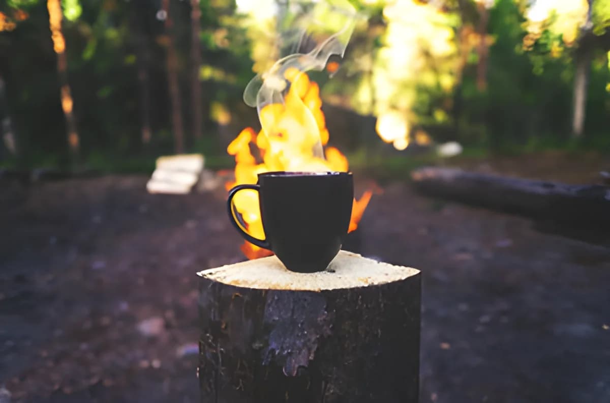 steaming coffee cup on tree stump in forest