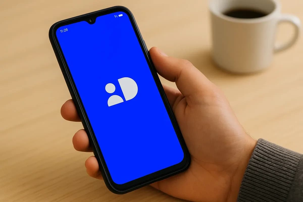 Hand holding a smartphone with the MitID logo on a blue screen, with a blurred coffee cup in the background.