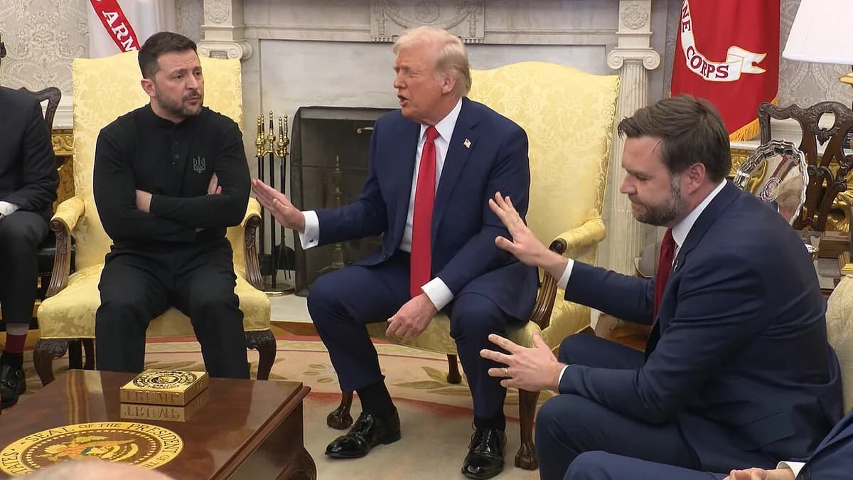 Donald Trump and JD Vance speaking confrontationally with Volodymyr Zelenskyy in the Oval Office.