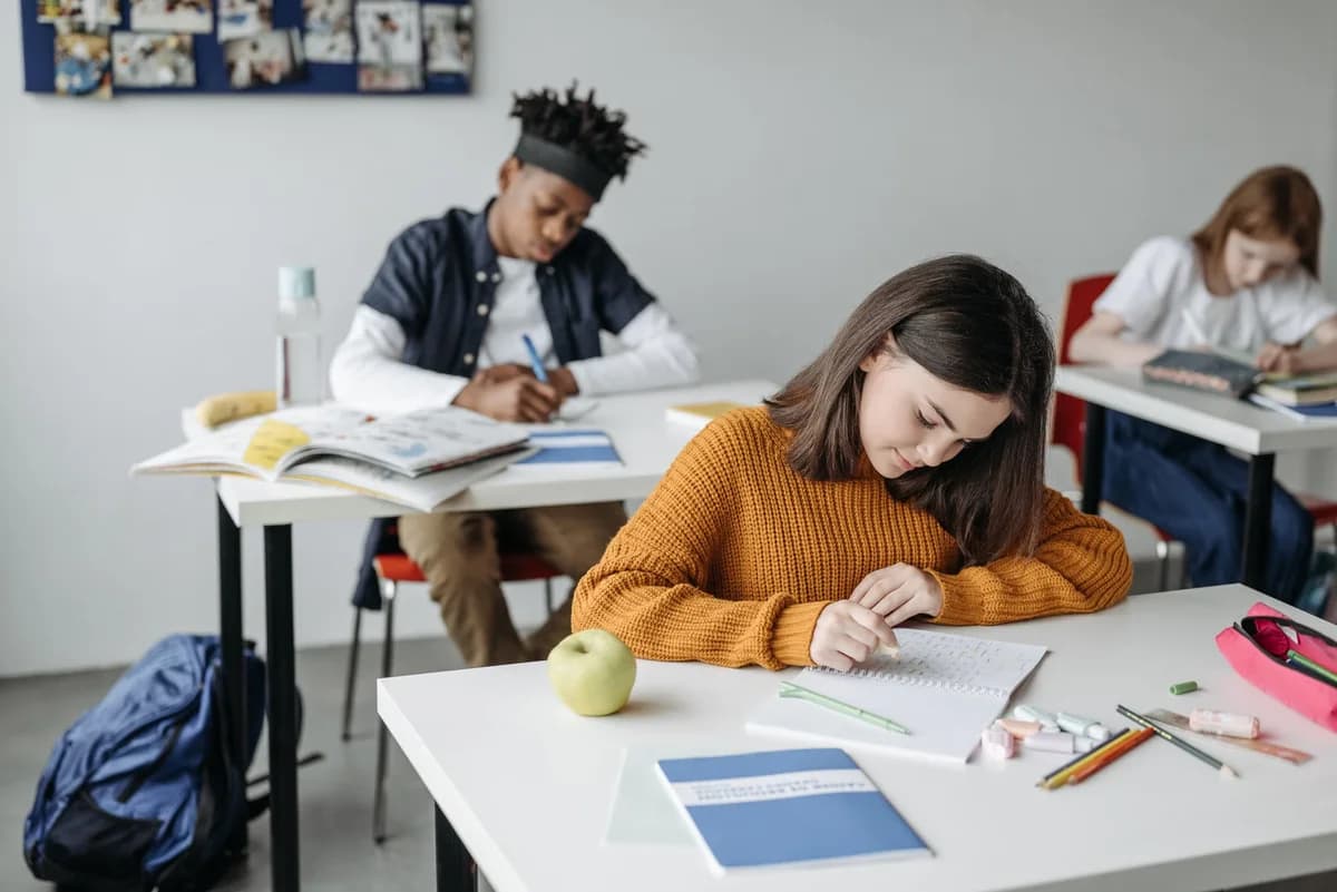Schoolchildren working quietly at desks in a classroom