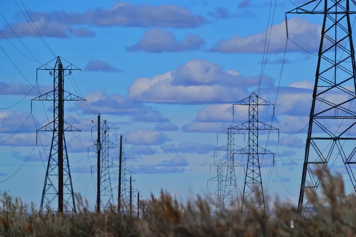 Transmission towers and power lines against a blue sky with clouds.
