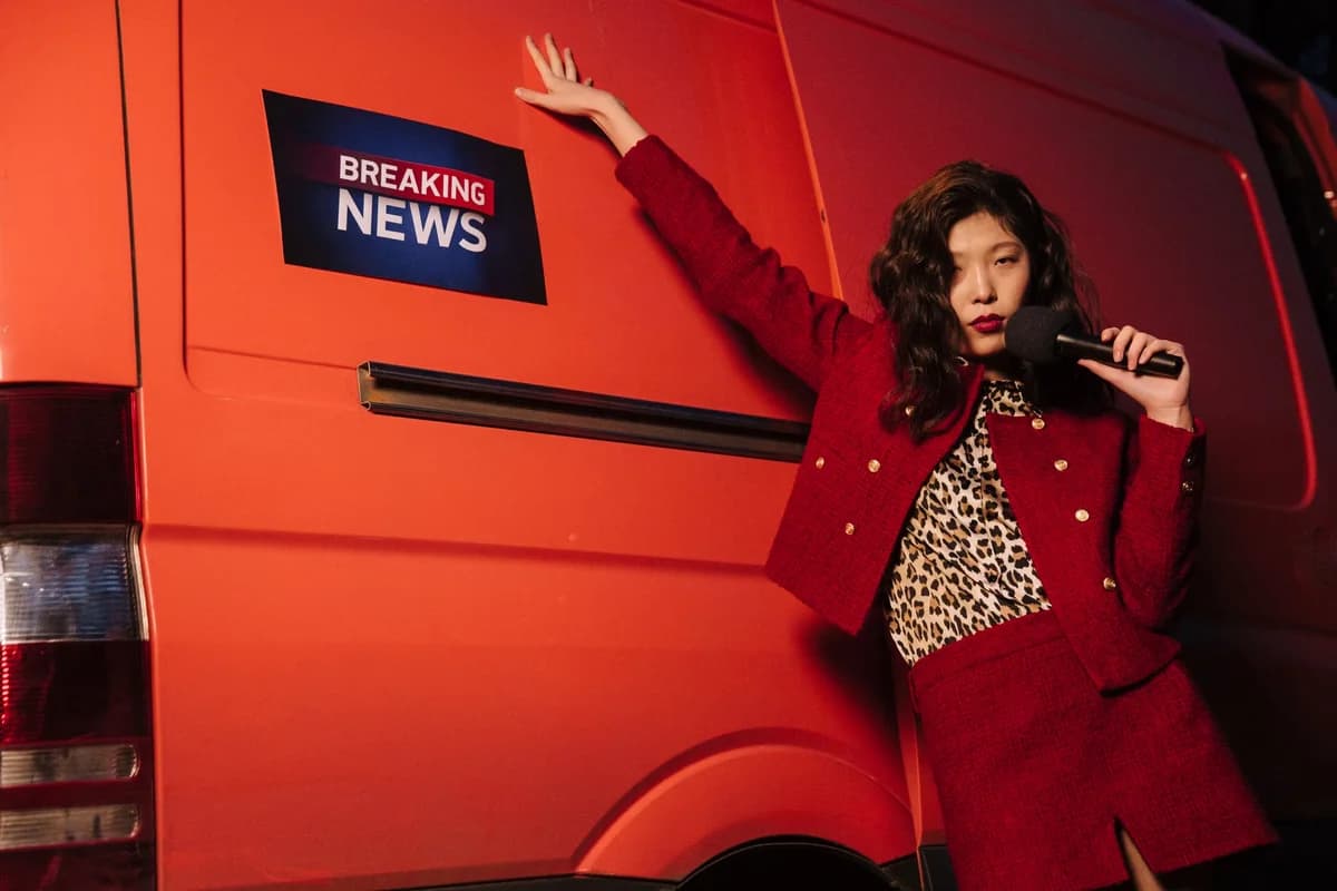 Female reporter posing next to news van with microphone