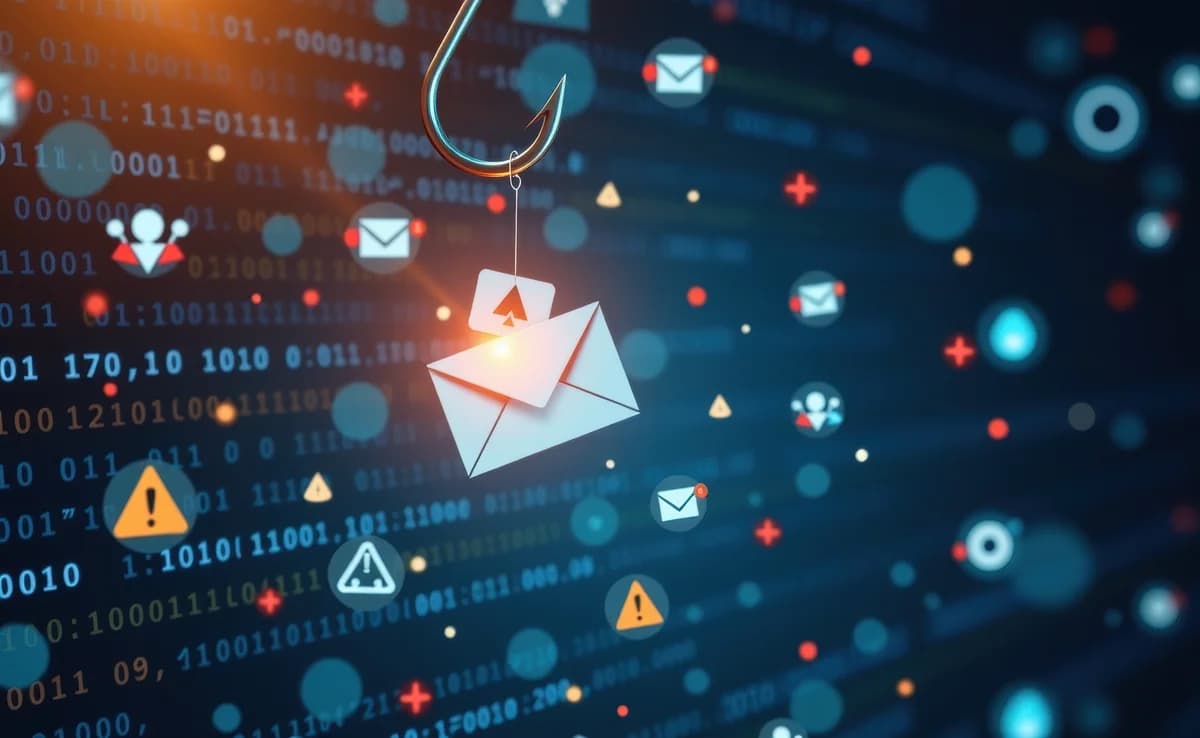 A phishing hook catching an email envelope in a cyber threat illustration.