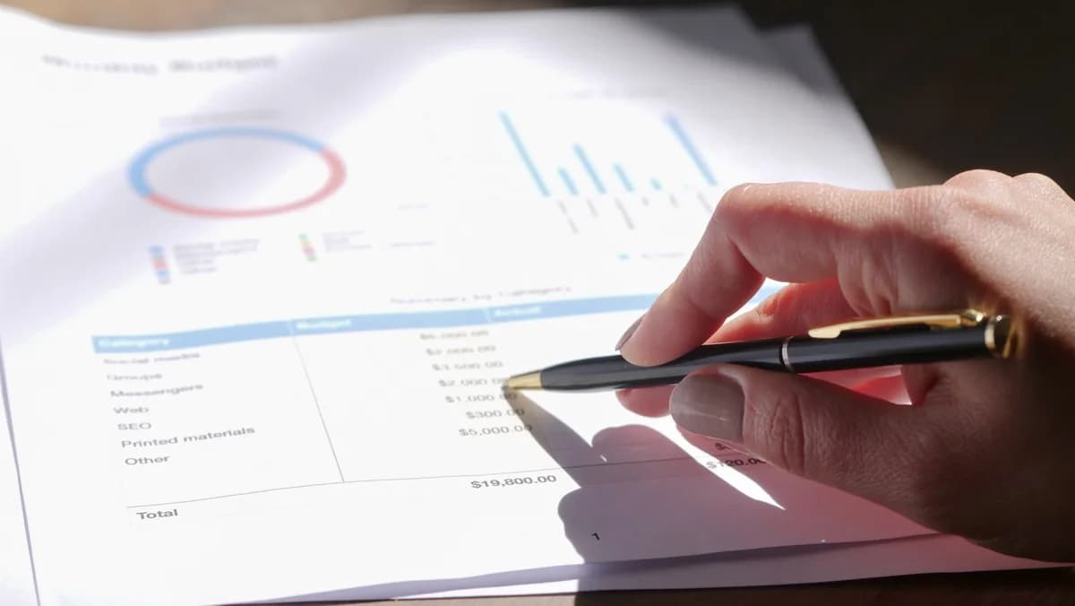 Hand with pen pointing at budget document with charts