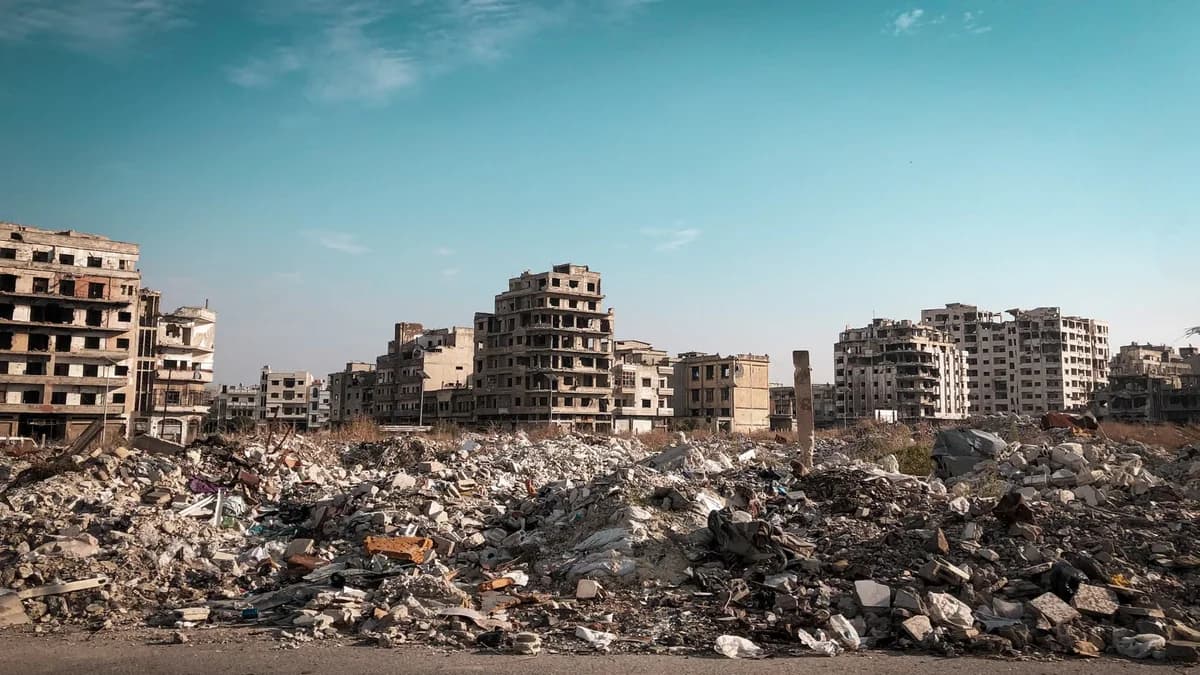 Destroyed buildings and rubble in Homs, Syria.