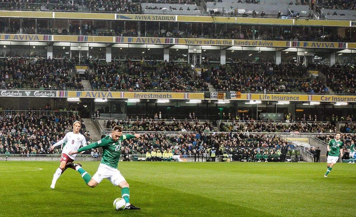Football match between Denmark and Ireland at Aviva Stadium.