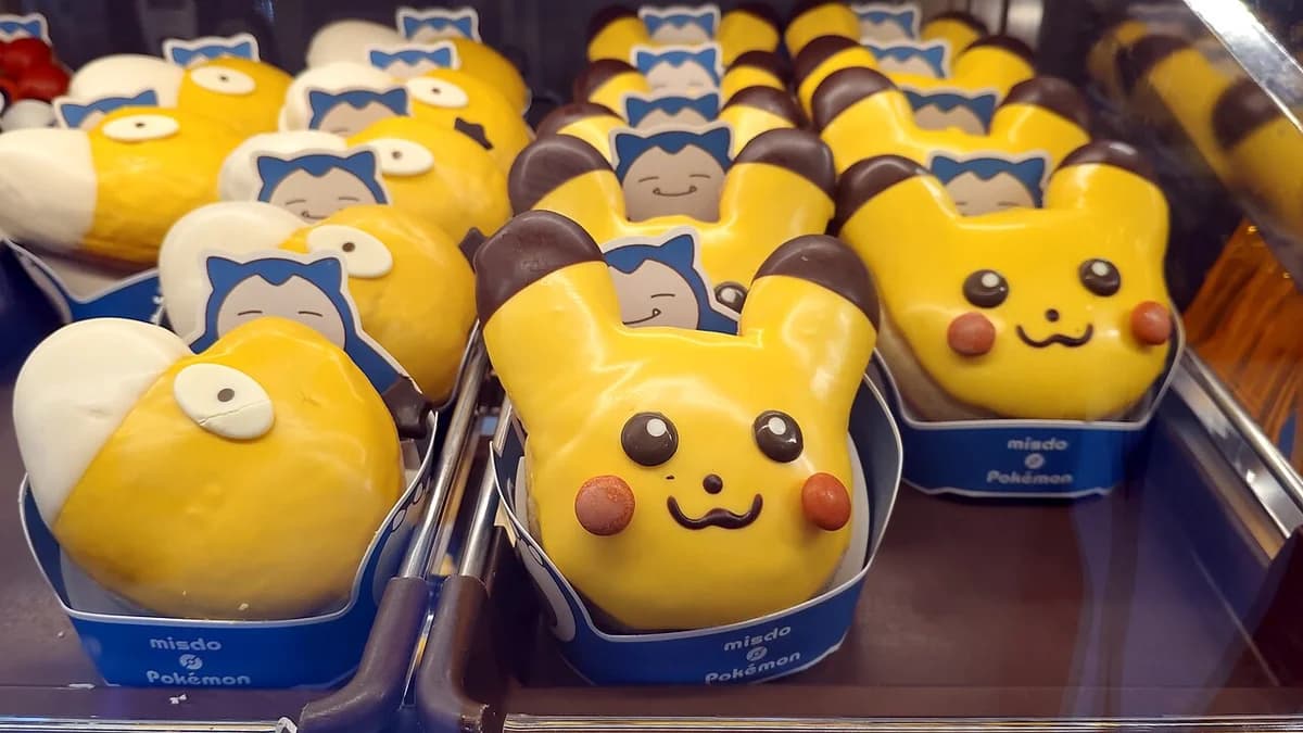 Pokémon-themed donuts displayed in trays at Mister Donut.