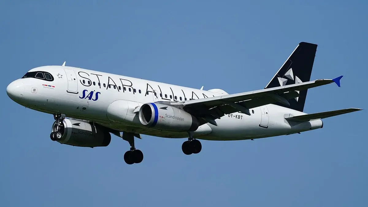 A SAS Airbus A319 in Star Alliance livery on approach to land.
