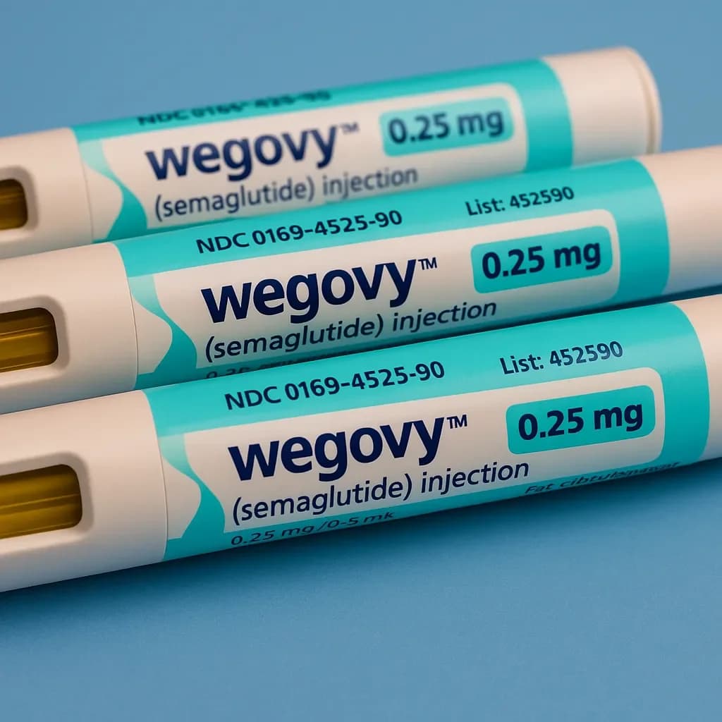 Three Wegovy semaglutide injection pens on blue background