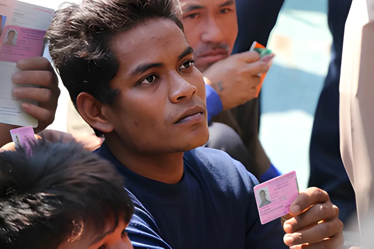 Men holding ID cards