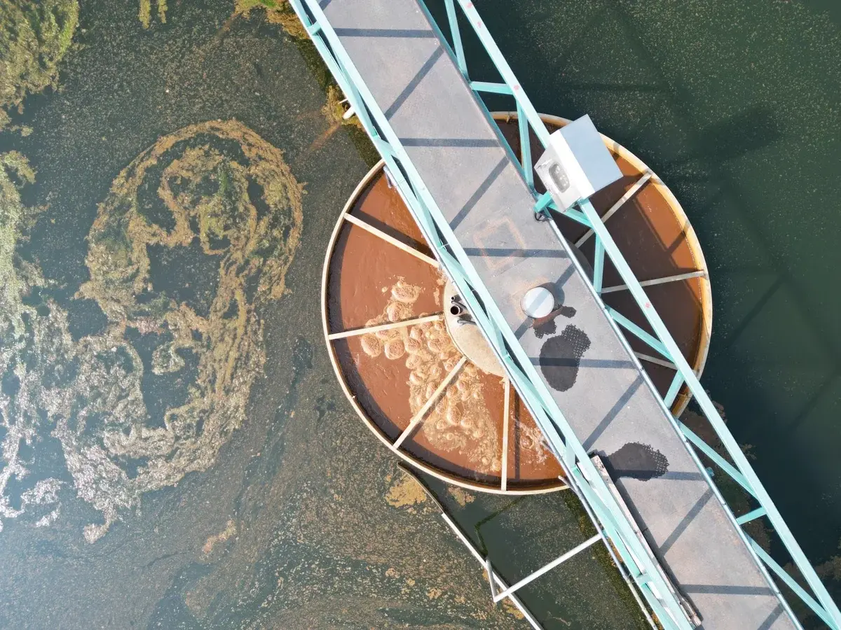 Aerial view of water treatment facility with algae on water surface