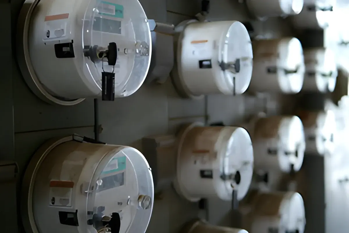Close-up view of multiple electric meters on a wall